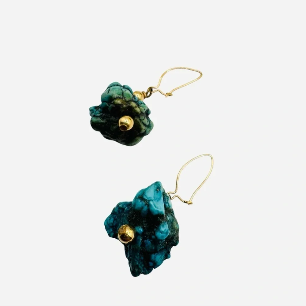 Raw Turquoise Nugget Drop Earrings Boho Gold Tone